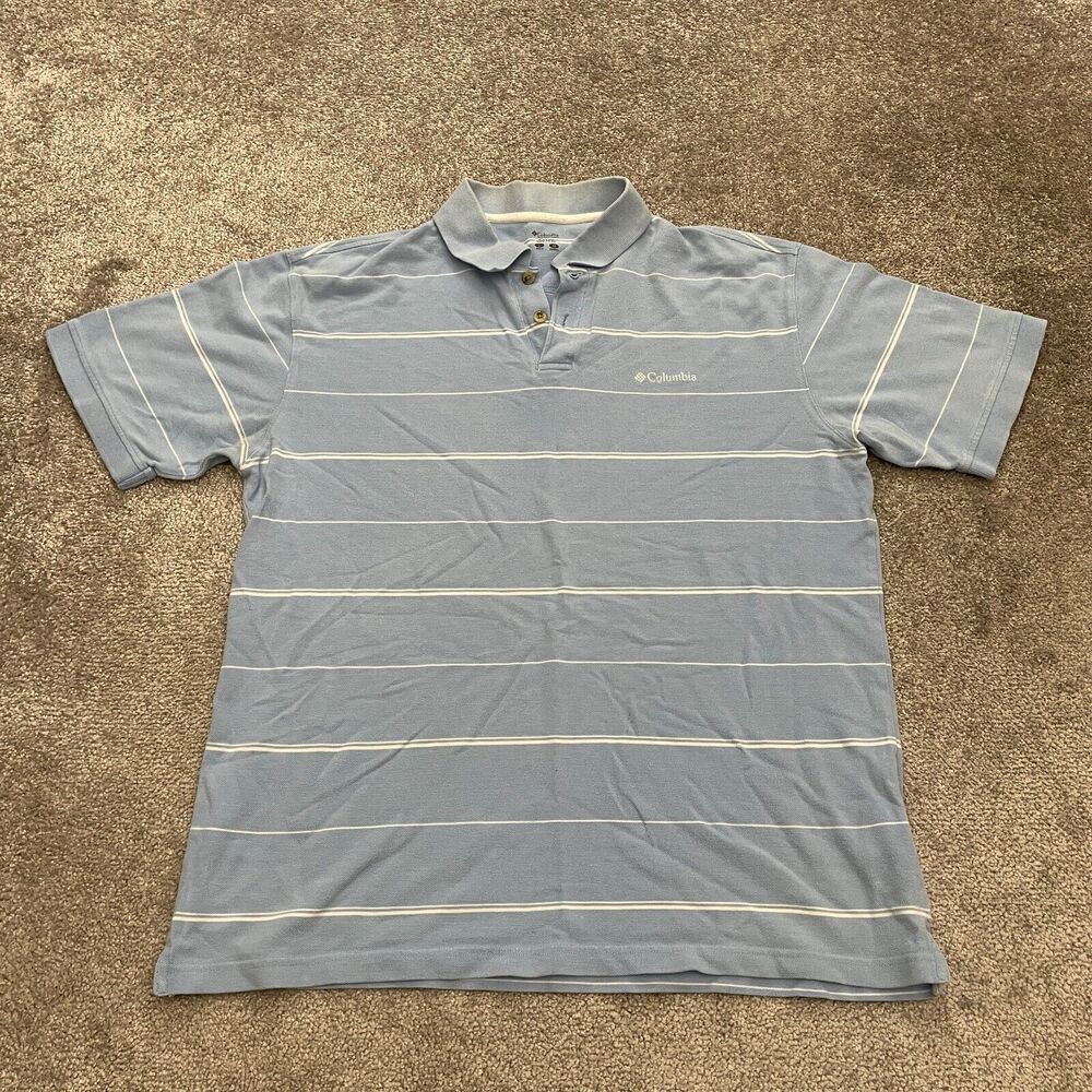 Columbia Polo Shirt Mens Large Blue White Striped Short Sleeve Outdoor Fishing